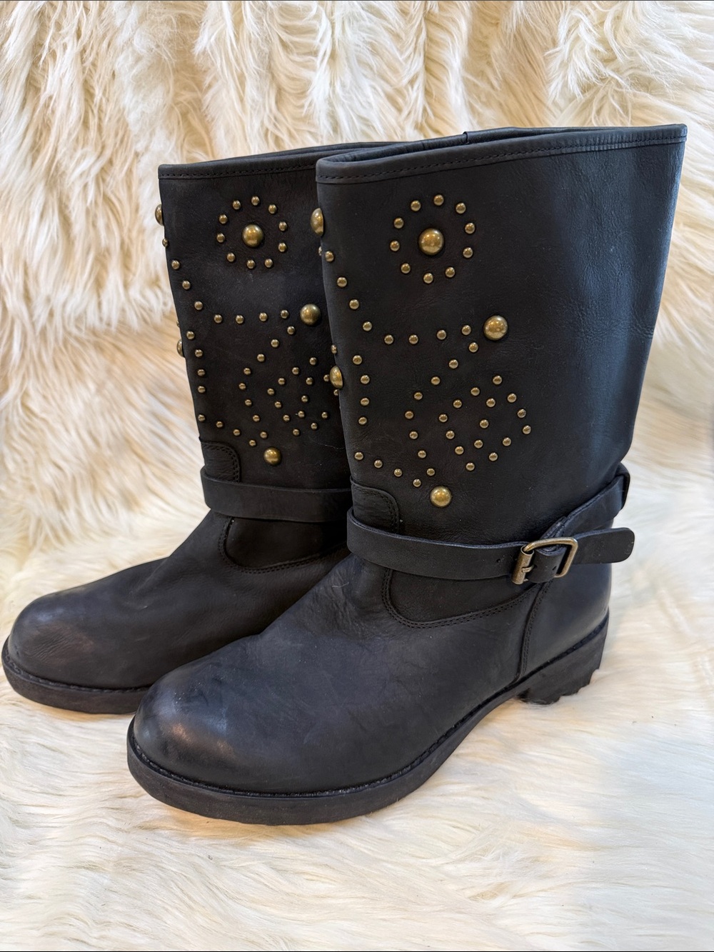 New Denim & Supply Ralph Lauren Black Leather Mid-Calf Studded Boots -Women 9.5